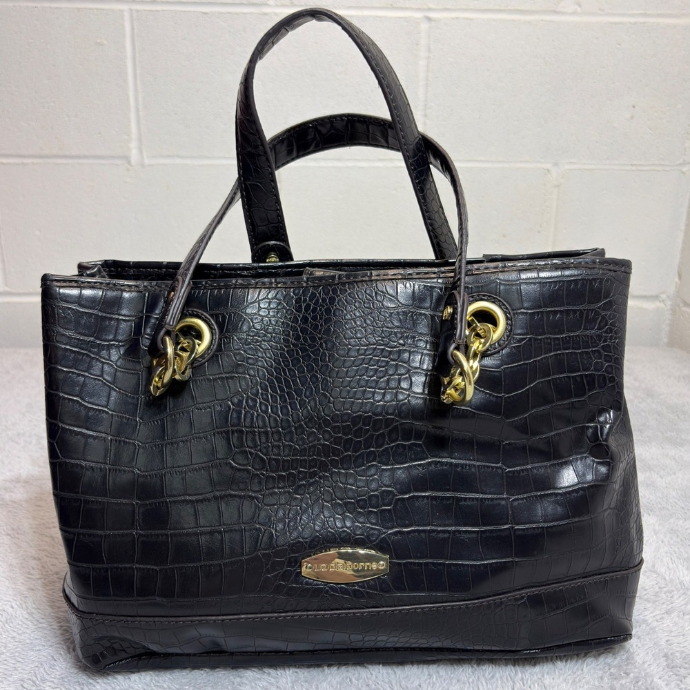 Liz Claiborne Tote Bag Womens Large Black Croc Embossed Faux Leather Gold Chain